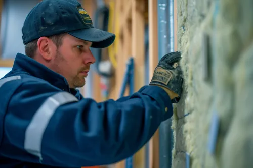 Artisan certifié en pleine rénovation énergétique d'une maison, effectuant des travaux d'isolation thermique