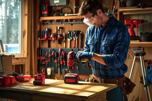 Outils et équipements professionnels de qualité alignés sur un établi en bois massif, prêts pour un chantier