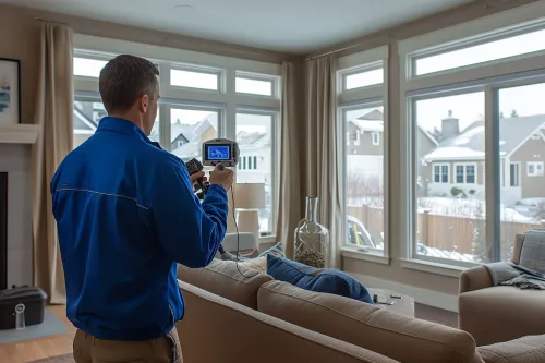 Un expert réalise un diagnostic de performance énergétique sur une maison avec sa tablette et ses outils de mesure