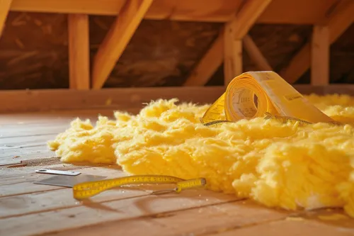 Pose de matériaux isolants dans les combles d'une maison pour améliorer les performances thermiques et réaliser des économies