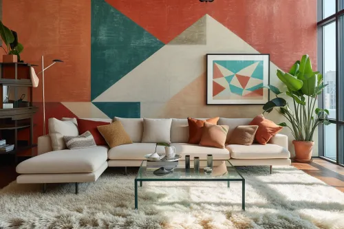 Motifs géométriques et couleurs tendances sur papier peint design moderne dans un intérieur contemporain minimaliste