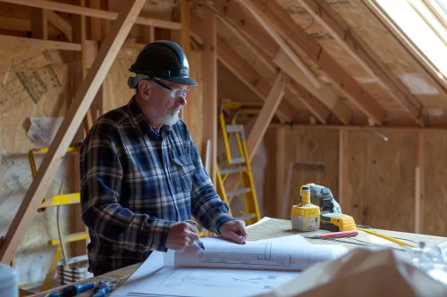 Un artisan examine attentivement les plans de rénovation des combles lors de la phase de préparation des travaux