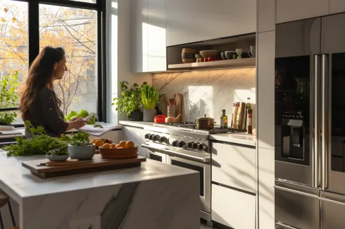 Cuisiniste réalisant une étude de cuisine personnalisée avec son client devant des plans et échantillons
